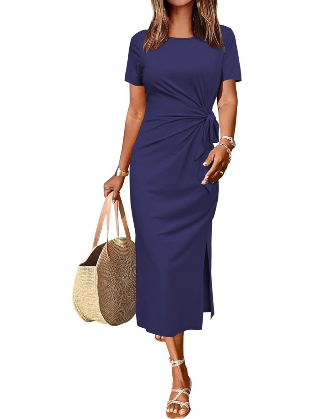 Women's Navy Casual Short/Long Sleeve Crewneck T Shirt Maxi Dress Tie Waist